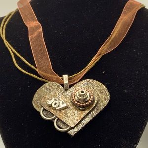 Steampunk style Heart Necklace with ribbon and thin cord Approx 18” JOY